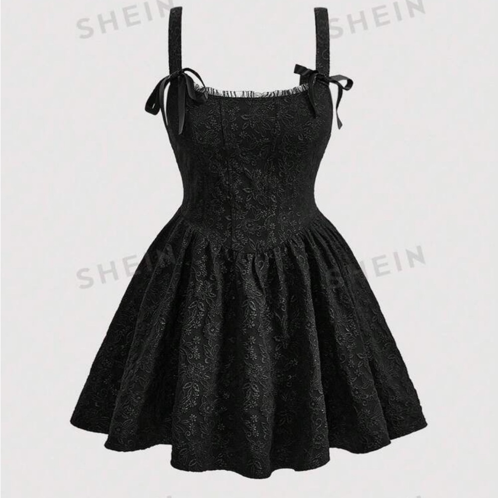 Shein Black Brocade Tie-Strap Fit & Flare Dress